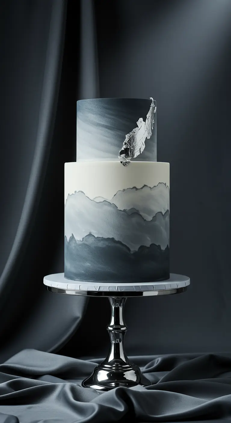Zweistöckige Torte mit grau-weißer Berglandschafts-Optik und einem silbernen Akzent.