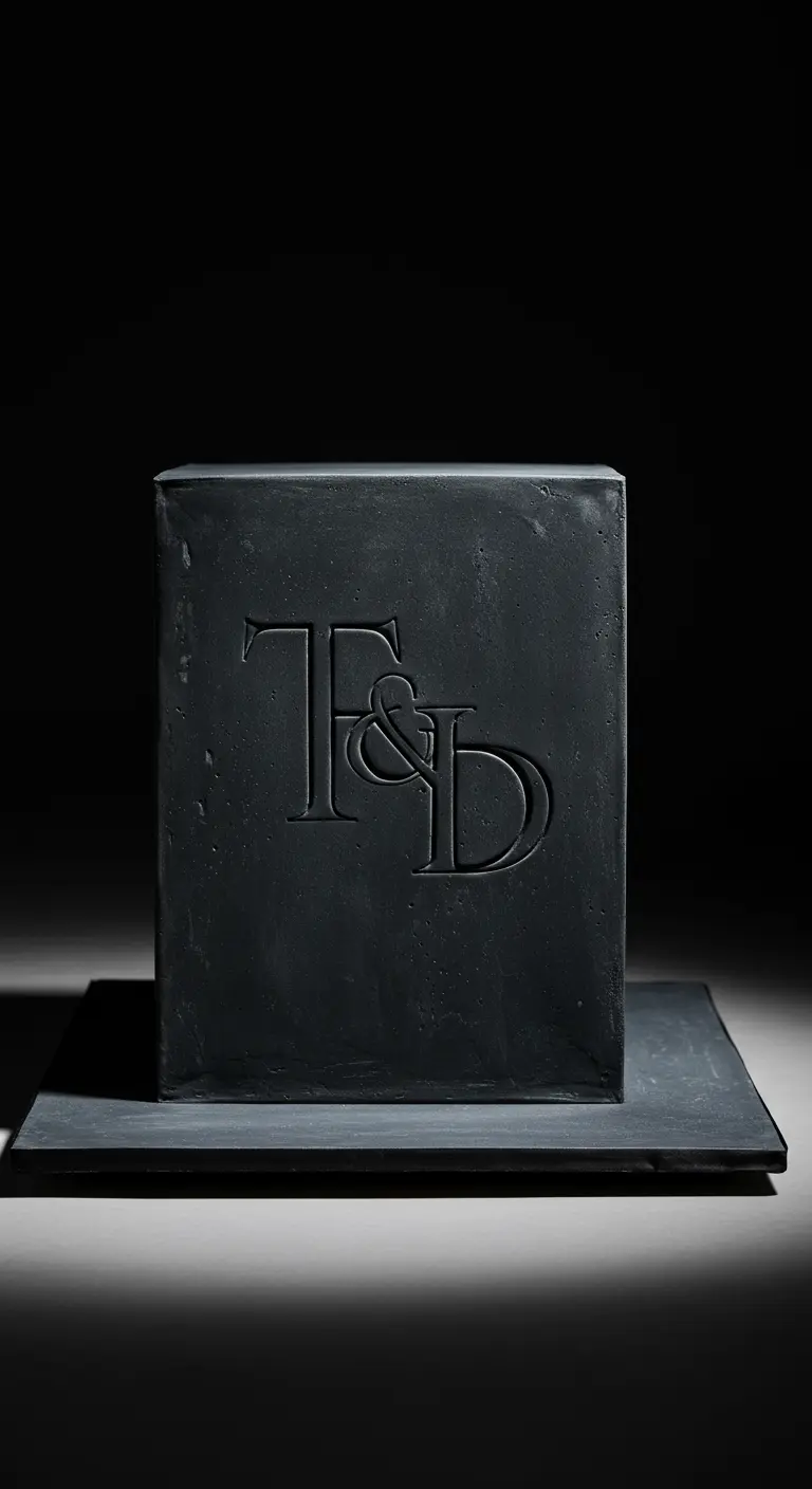 Schwarze quadratische Hochzeitstorte mit eingeprägten Initialen T&D.
