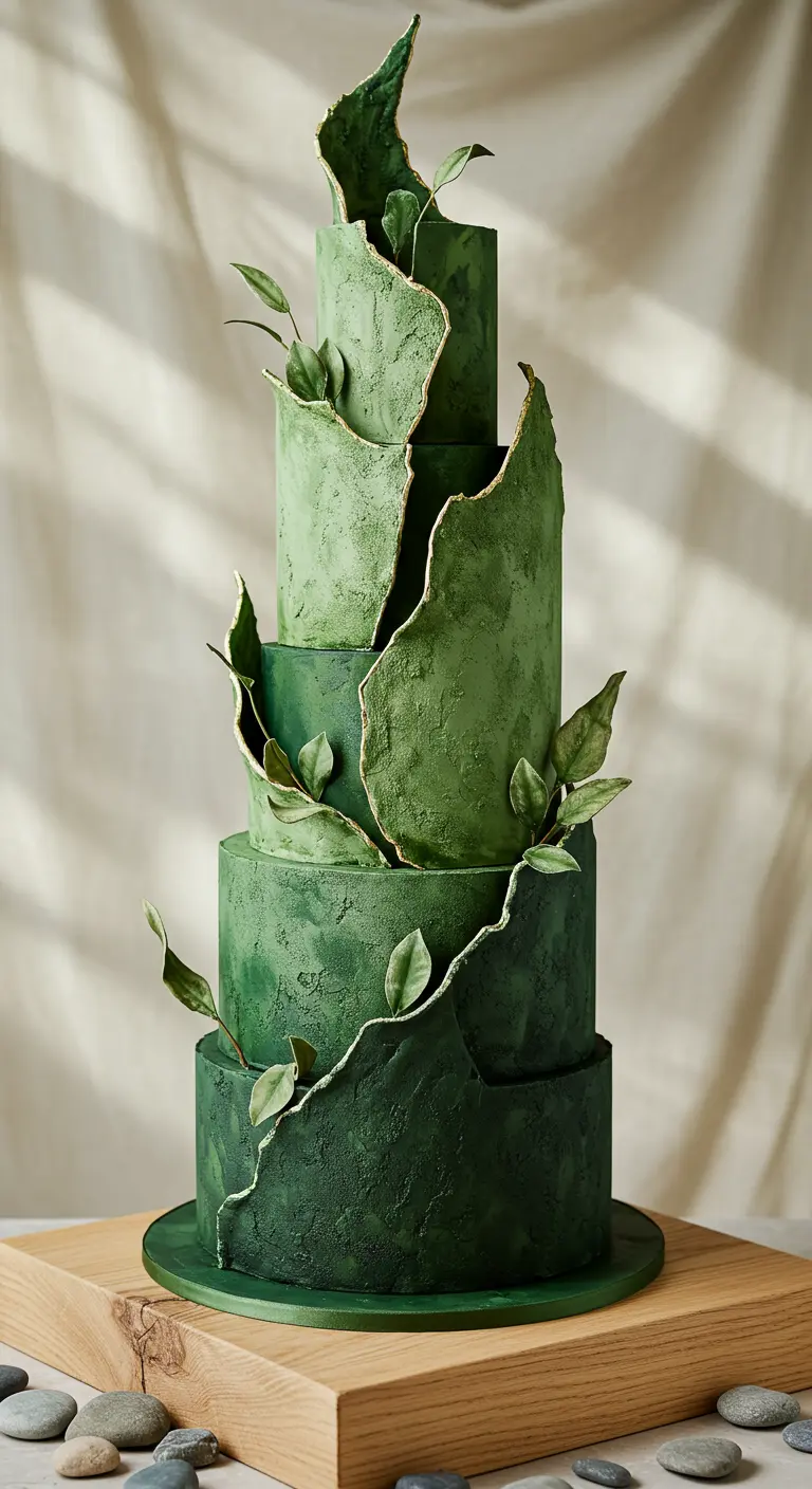 Vierstöckige Hochzeitstorte in Grüntönen mit strukturierter Oberfläche, Goldakzenten und essbaren Blättern.