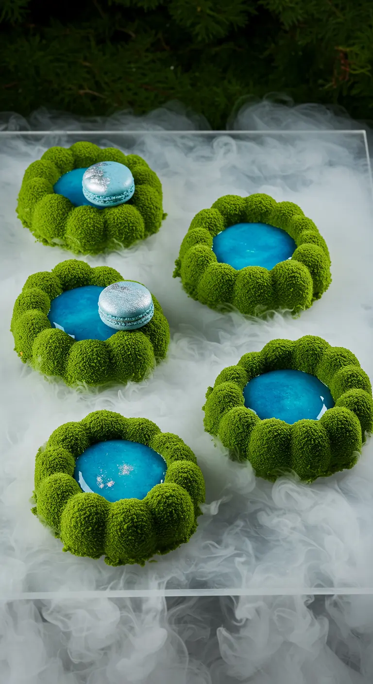 Mehrere grüne, moosige Einzelkuchen mit blauem See in der Mitte und einem Macaron.