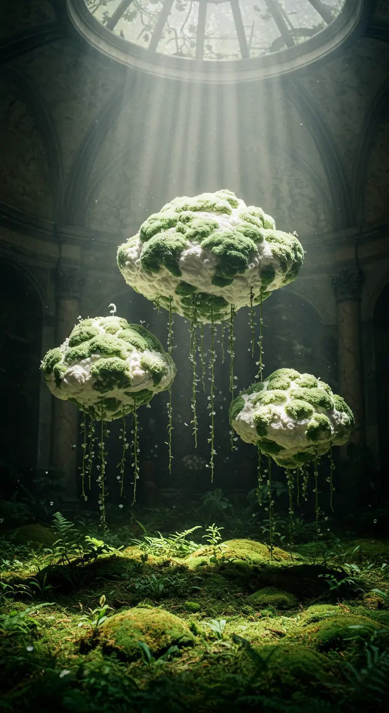 Drei weiße Wolken mit grünem Moos-Effekt und herabhängenden grünen Zuckerranken.