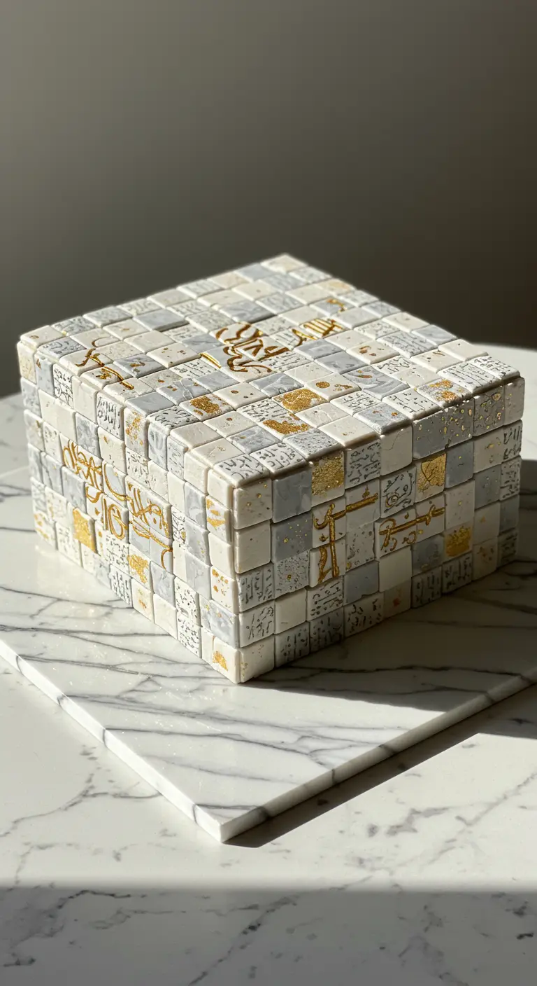 Quadratische Torte aus vielen kleinen grauen, weißen und goldenen Würfeln mit Schriftzeichen