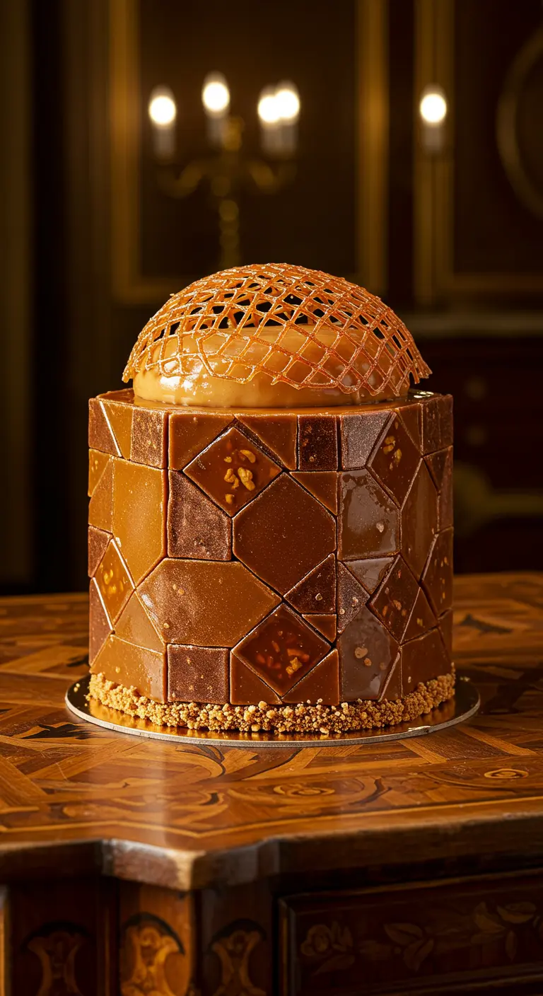 Runde Karamelltorte mit geometrischem Kachelmuster und Karamellnetz-Kuppel.