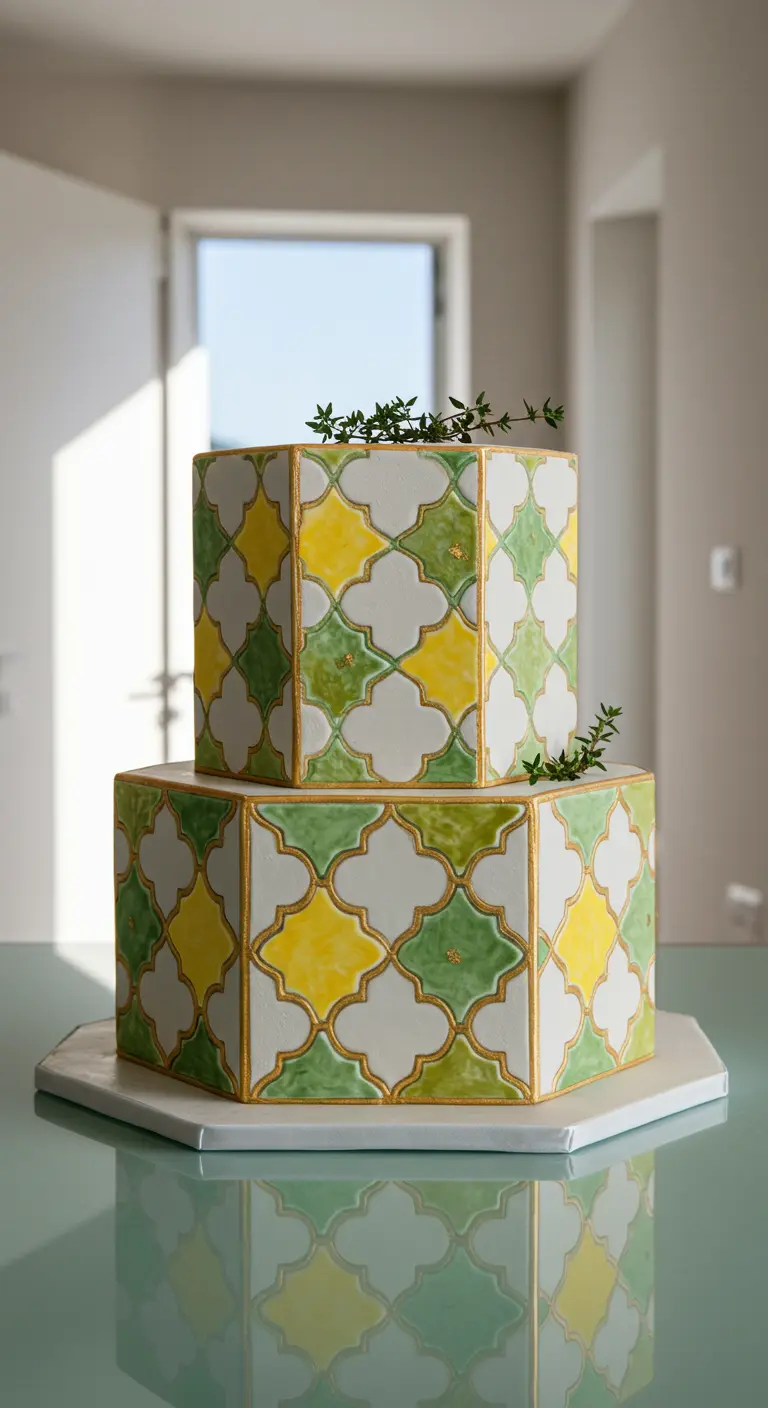 Zweistöckige, sechseckige Torte mit grün-gelbem Kachelmuster und Golddetails.