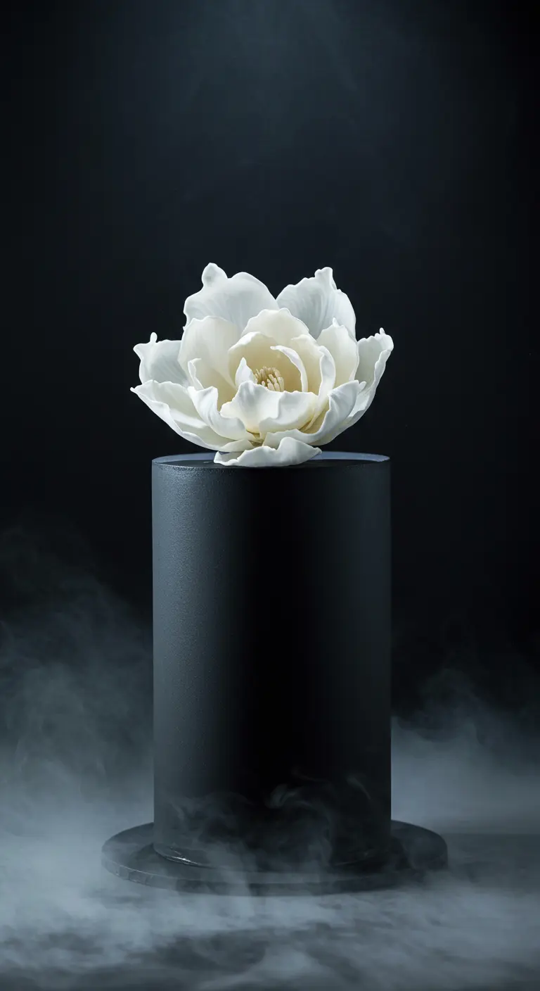 Hohe, mattschwarze Torte mit einer einzelnen weißen Blume, umgeben von dichtem, weißem Nebel.