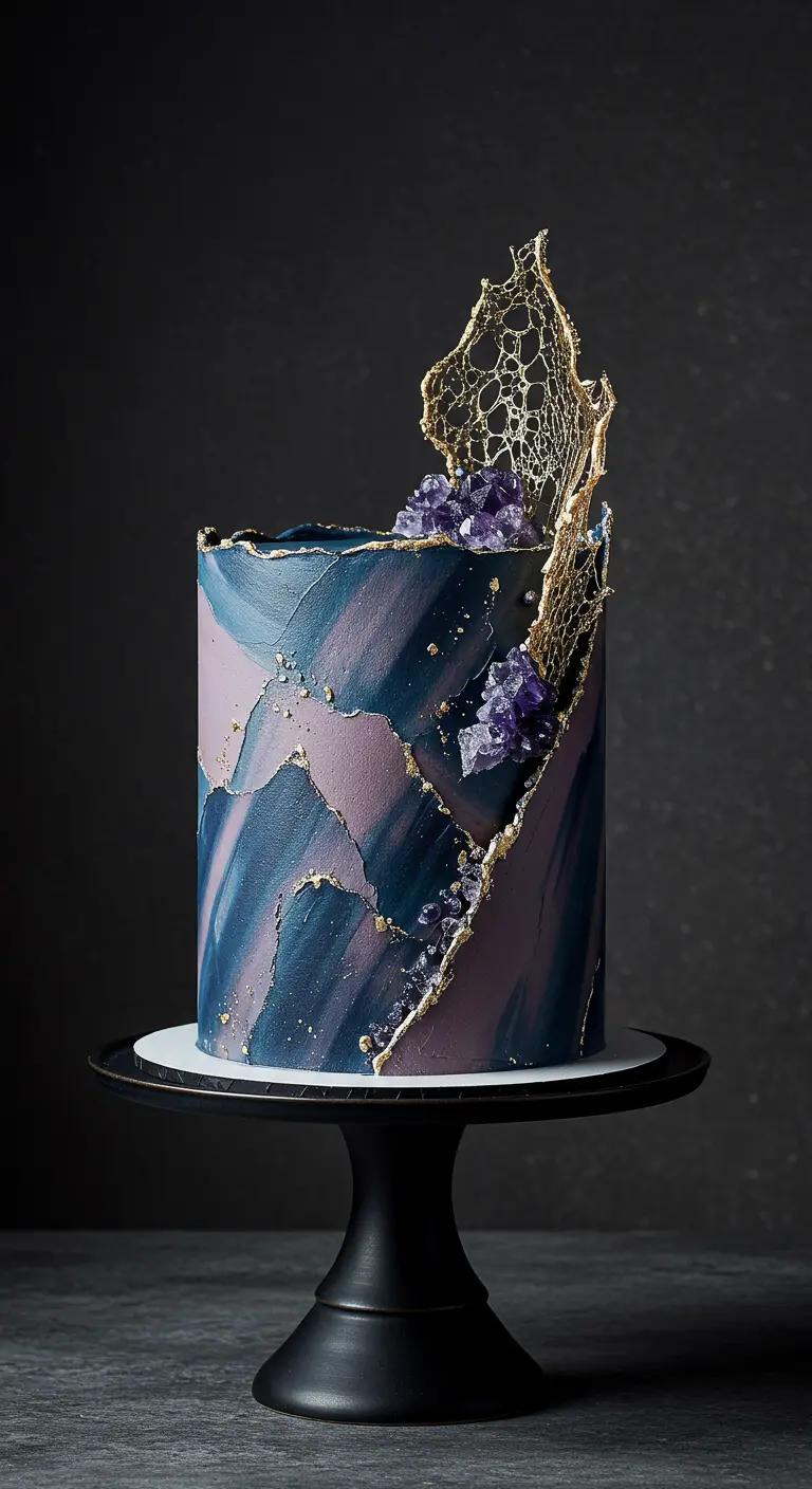 Dunkelblaue Marmor-Buttercremetorte mit Goldspitze und lila Zuckerkristallen.