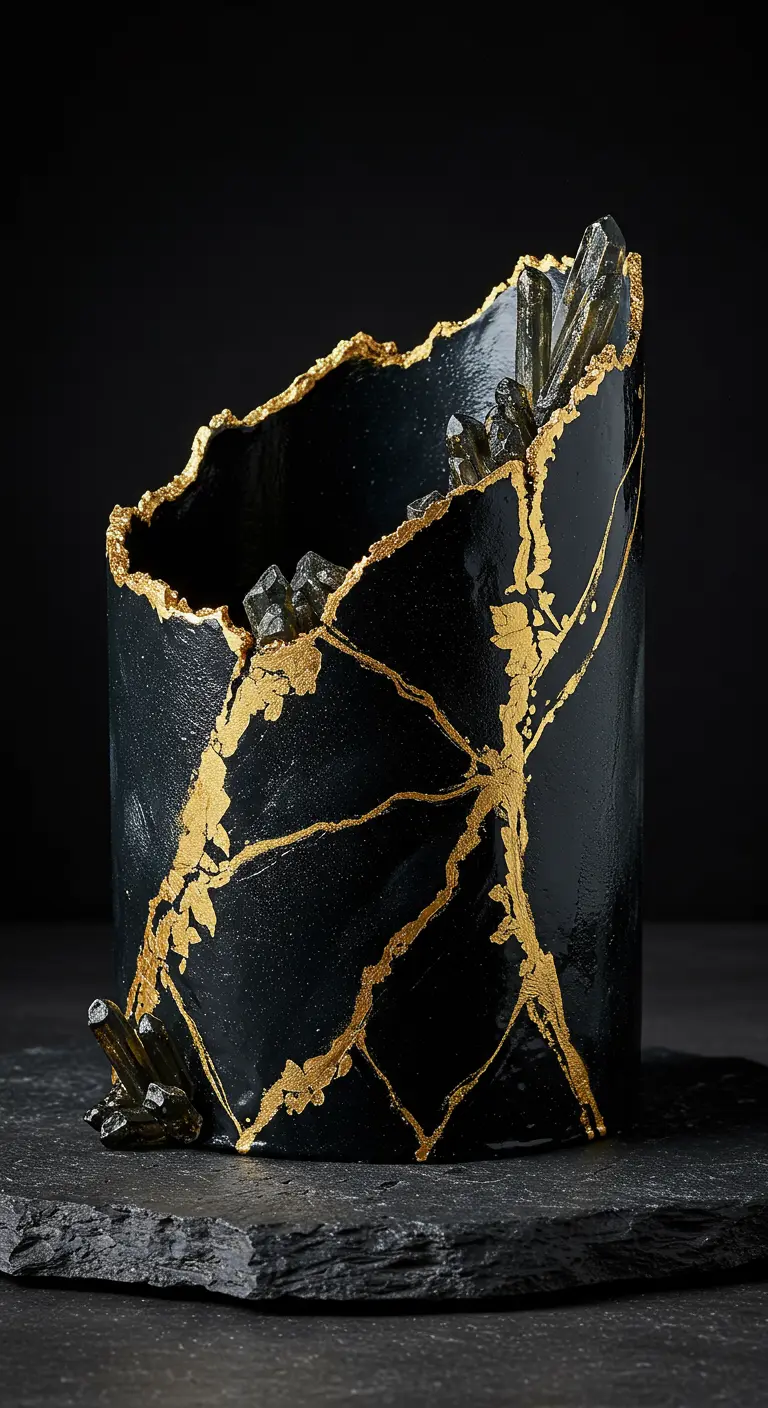 Schwarze, runde Torte mit breiten goldenen Kintsugi-Rissen und dunklen Zuckerkristallen.