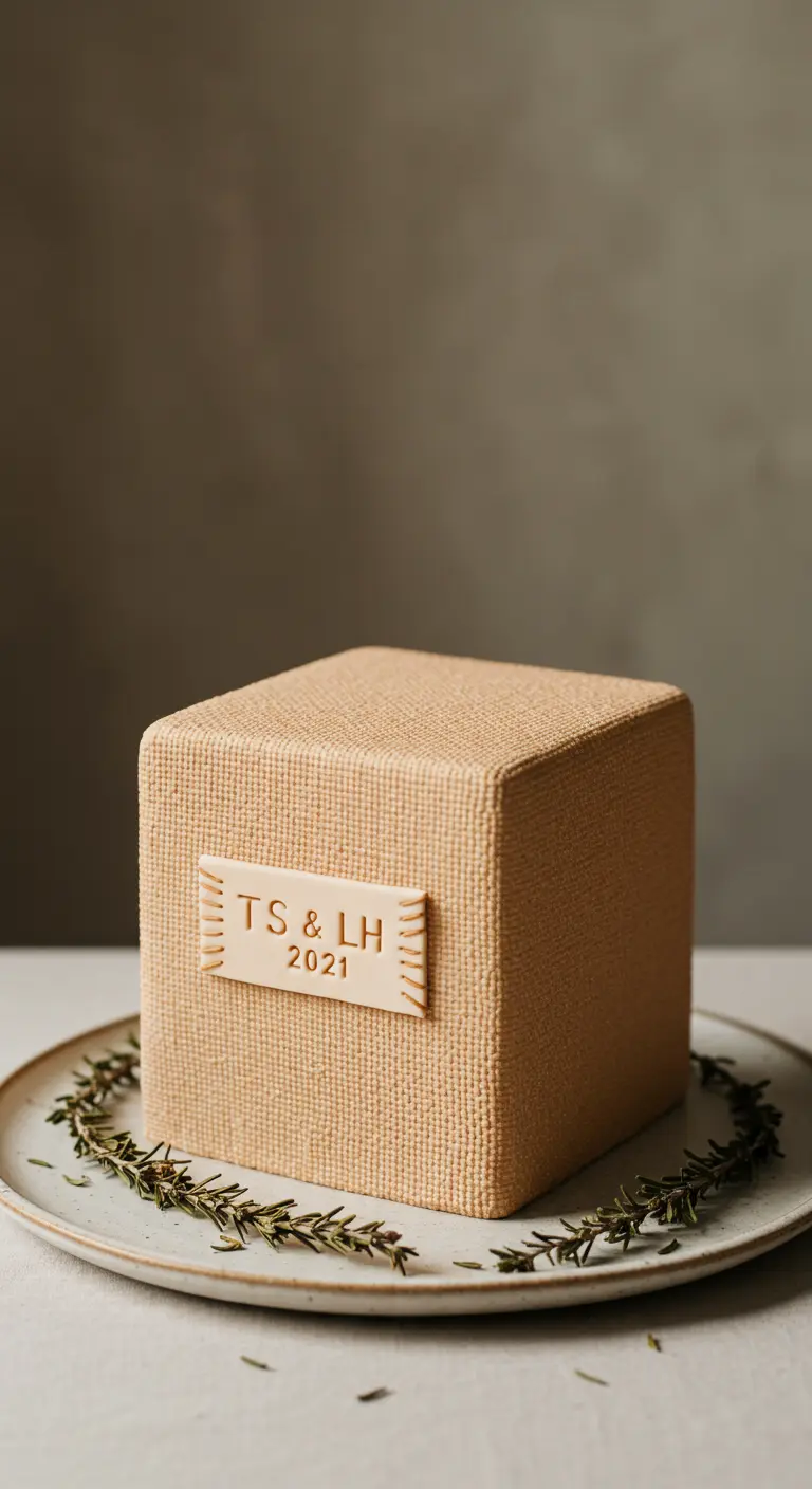 Quadratische Torte mit Jutestoff-Textur und kleinem Namensschild mit Initialen.