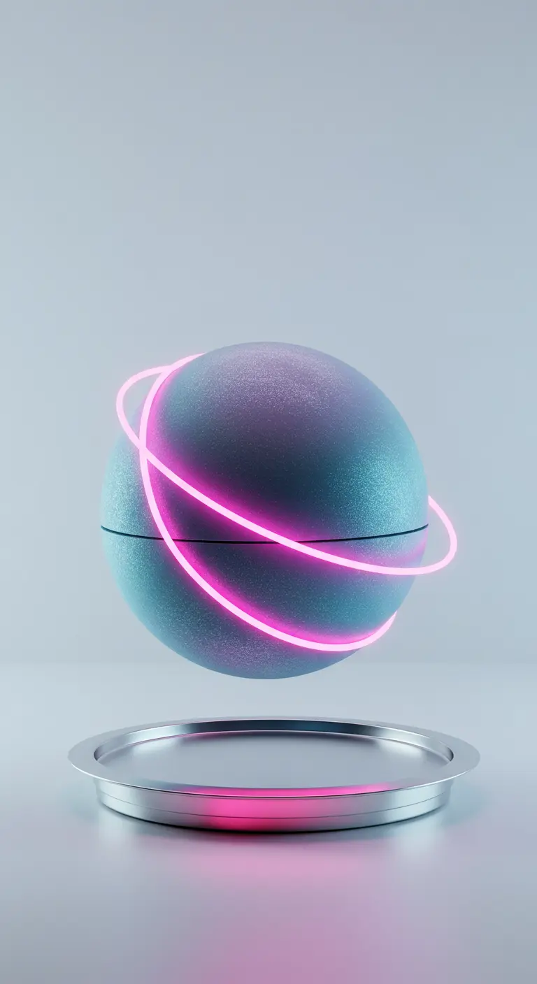 Schwebende, dunkle Kugel-Torte, umkreist von leuchtend pinken Neon-Ringen aus Zucker.