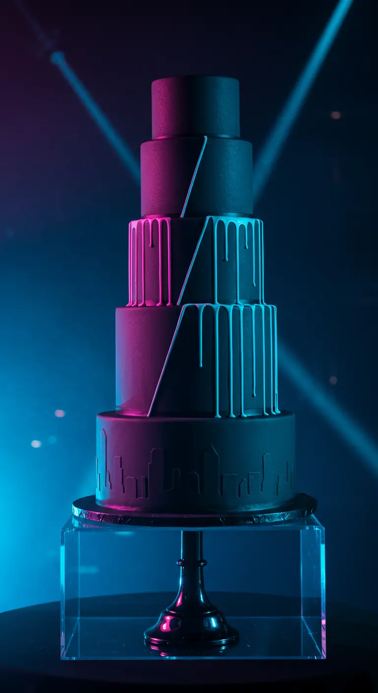 Schwarze Hochzeitstorte mit Neon-Pink und Neon-Türkis Drips und einer angedeuteten Skyline.