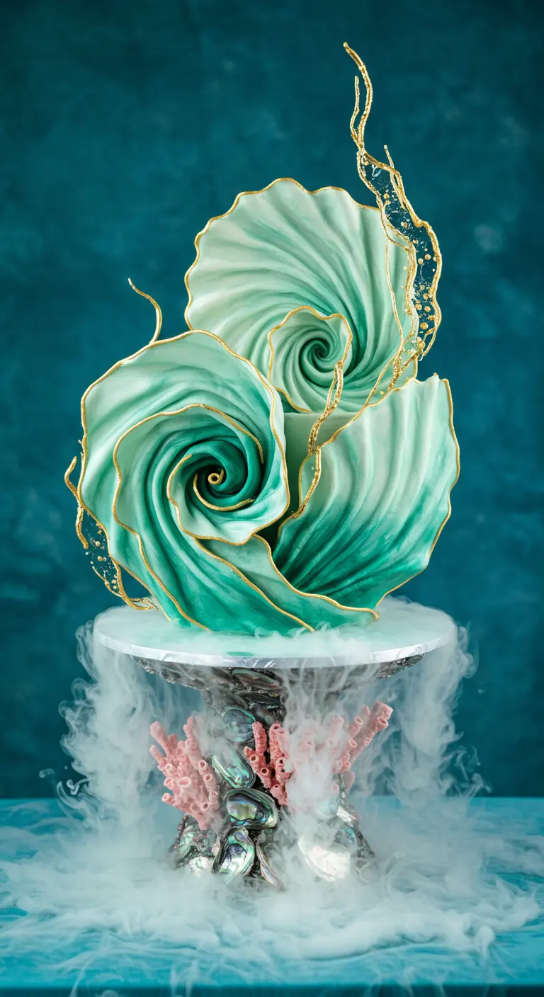 Türkisgrüne, wellige Torte mit goldfarbenen Details, Muscheln und Korallen, nebelumgeben.
