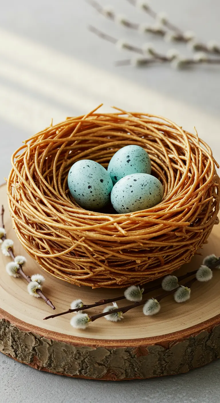 Goldenes Vogelnest aus Schokolade oder Teig mit drei blauen Sprenkel-Eiern auf Holzscheibe.