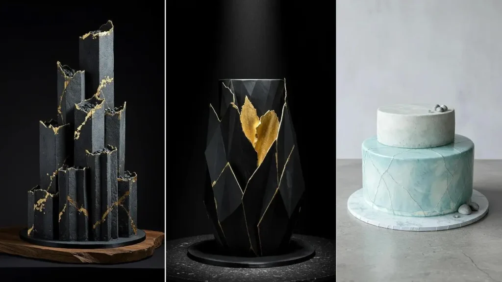 Drei Skandi-Hochzeitstorten: Eine hellblaue Naturfarben-Torte mit klaren Linien und zwei moderne schwarze Designs.