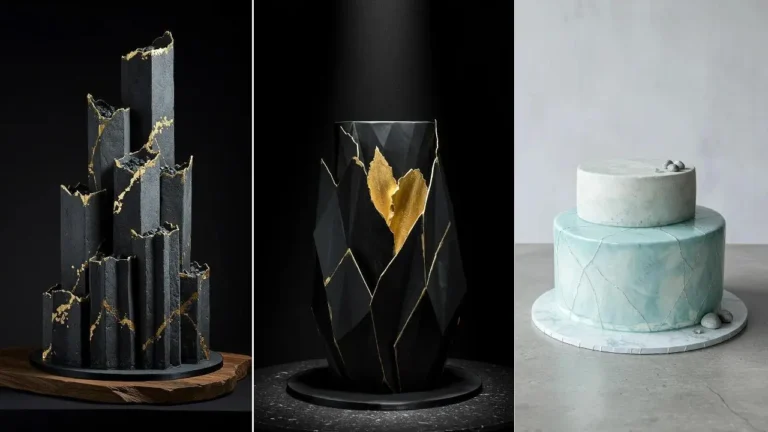 Drei Skandi-Hochzeitstorten: Eine hellblaue Naturfarben-Torte mit klaren Linien und zwei moderne schwarze Designs.