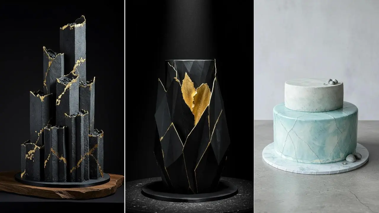 Drei Skandi-Hochzeitstorten: Eine hellblaue Naturfarben-Torte mit klaren Linien und zwei moderne schwarze Designs.