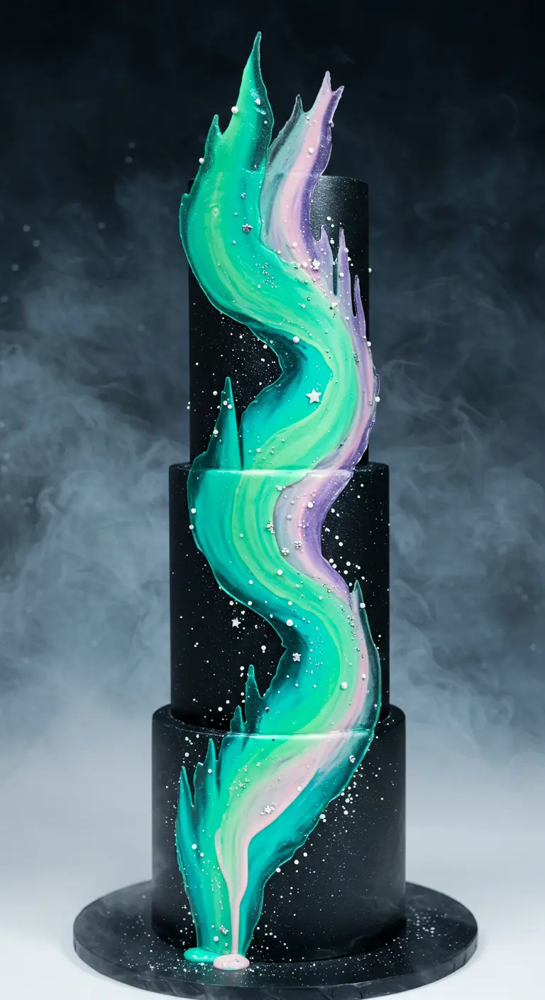 Schwarze Hochzeitstorte mit einem geschwungenen Nordlicht-Effekt in Grün, Türkis und Violett.