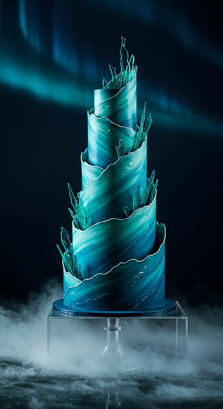 Mehrstöckige Torte in Blautönen mit wellenförmiger Textur und schimmernden Eiszapfen.