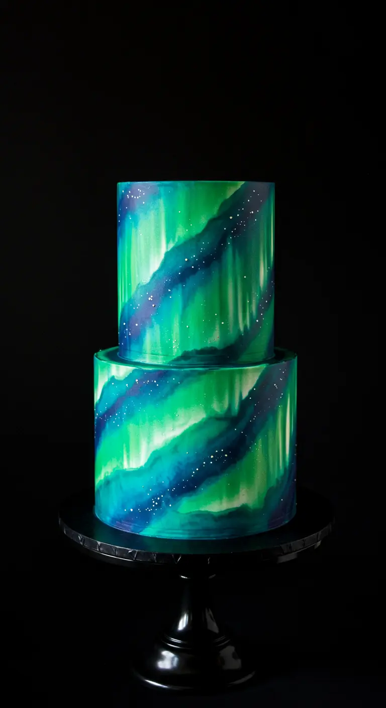 Zweistöckige Torte bemalt wie Nordlichter in Grün- und Blautönen.