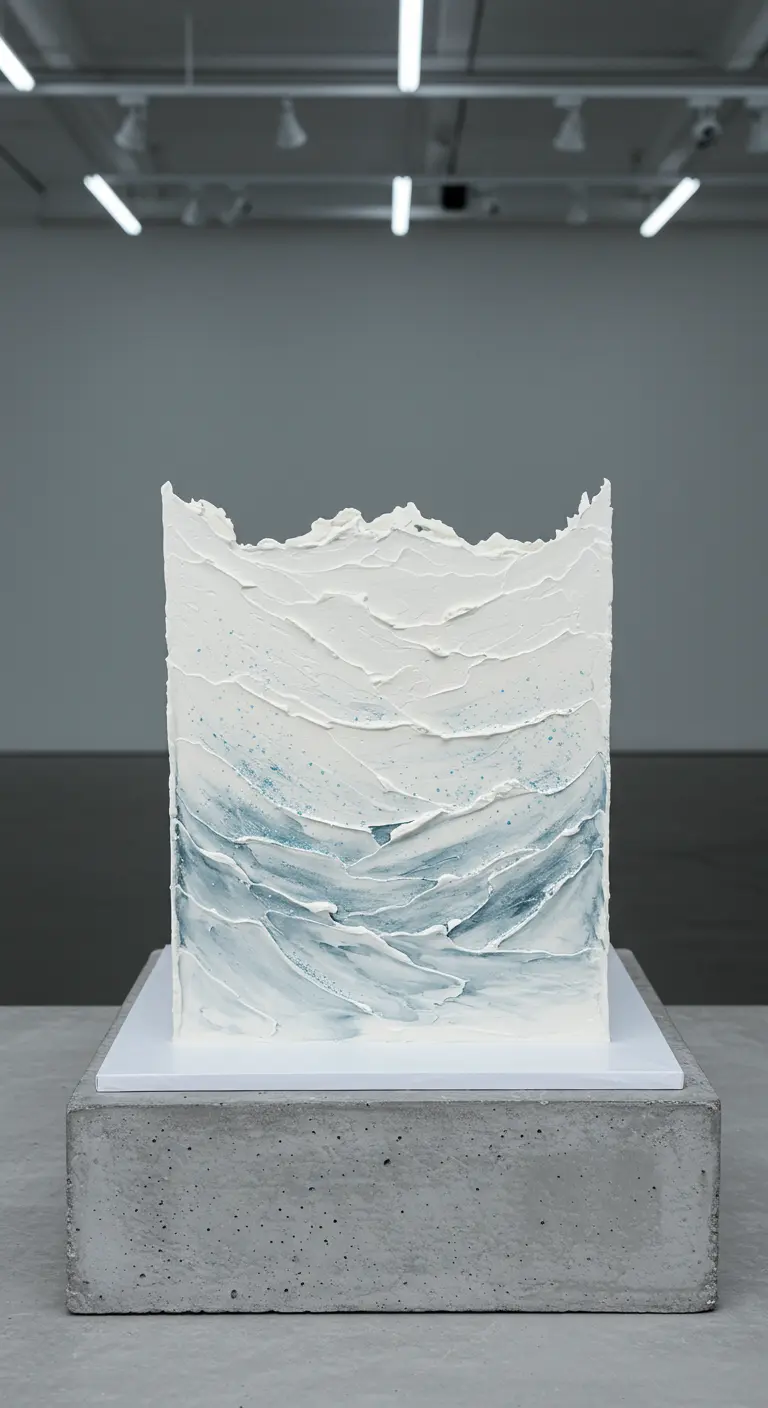 Quadratische Hochzeitstorte mit rauer weiß-blauer Wellentextur.