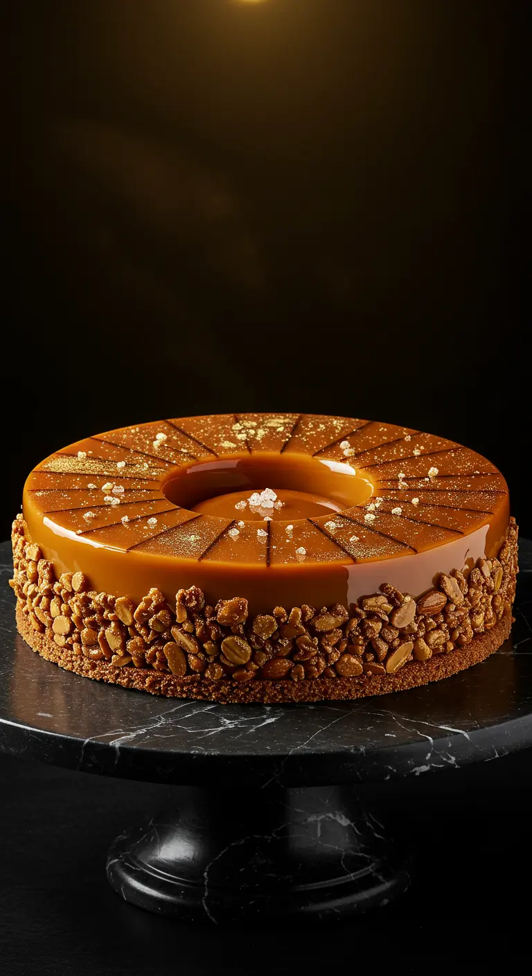 Runde Karamelltorte mit glänzender Oberfläche und breitem Erdnusskrokant-Rand.