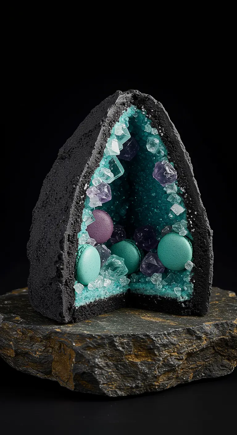 Schwarz-türkise Geode-Torte, angeschnitten, mit Kristallen und türkisen und lila Macarons.