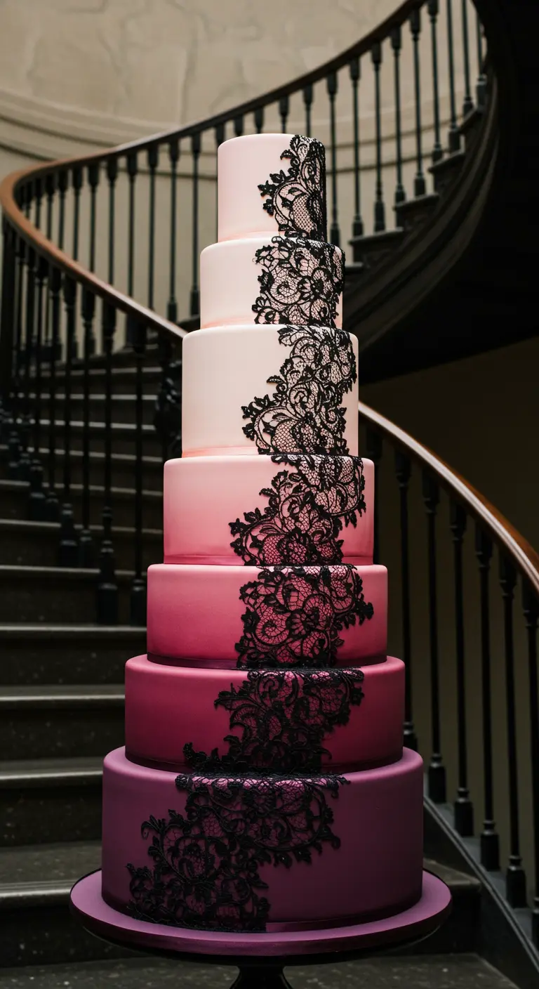 Hohe Torte mit Ombré-Farbverlauf von Rosa zu Lila, dekoriert mit schwarzer Spitze.