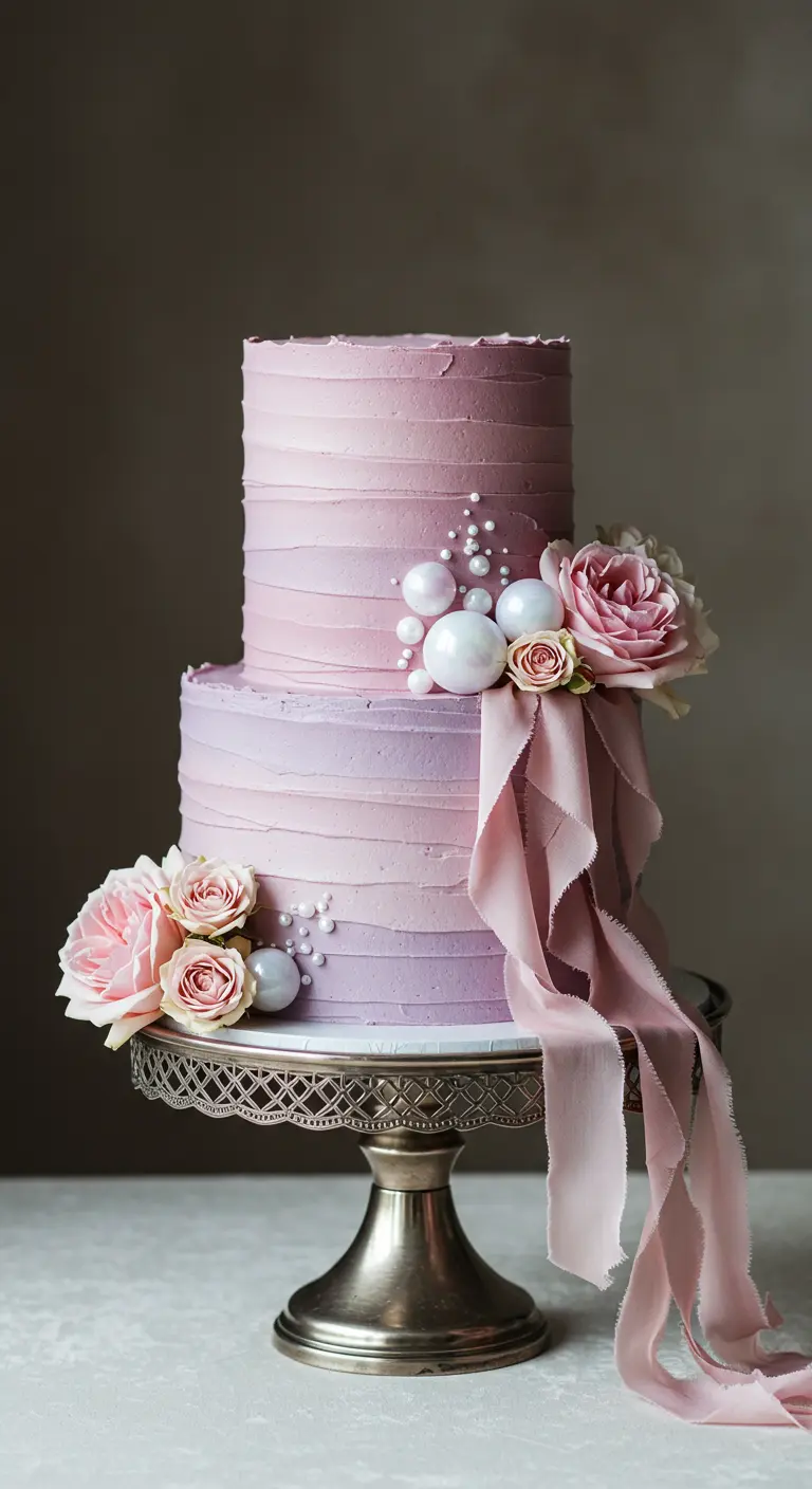 Zweistöckige lila-rosa Ombré-Torte mit horizontalen Rillen, Perlen, Rosen und Seidenband.