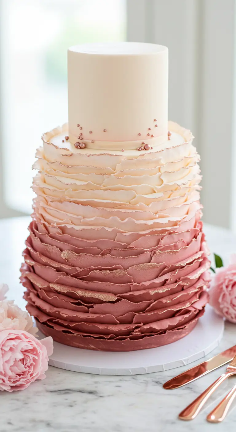 Mehrstöckige Torte mit Ombré-Rüschen von Hellrosa zu Dunkelrosa, mit Goldglitzer.