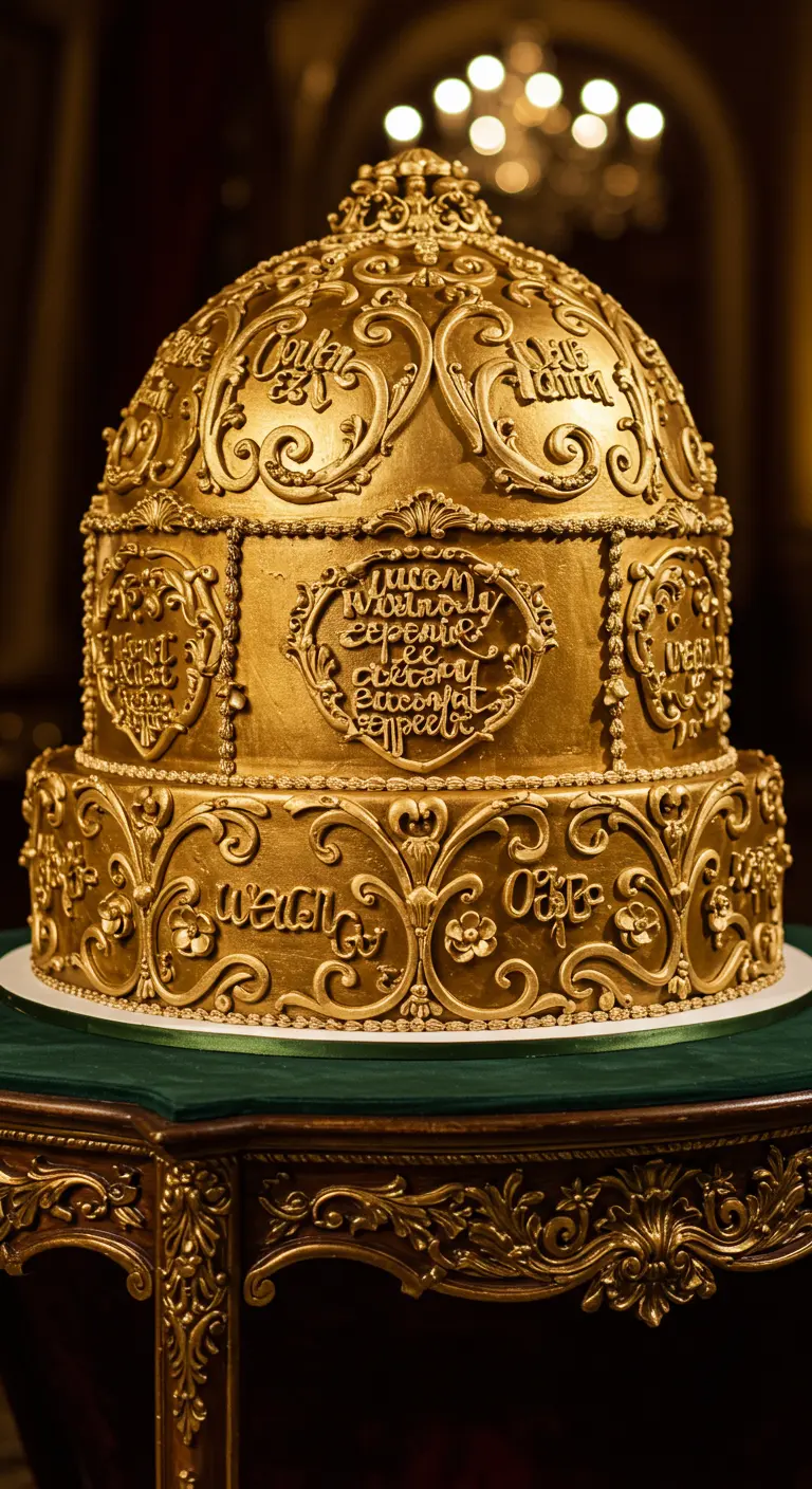 Mehrstöckige goldene Dom-Torte mit opulenten Barock-Ornamenten und eingerahmter Kalligrafie