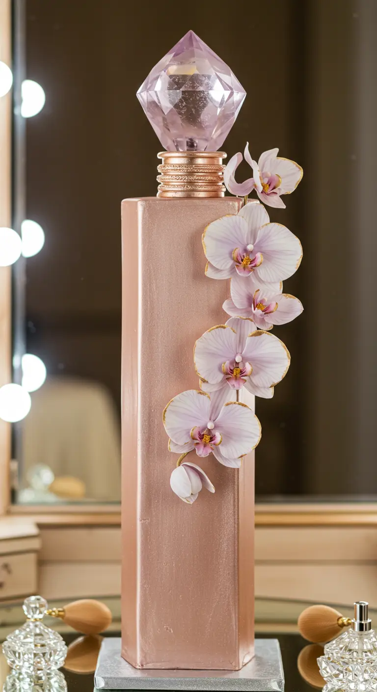 Hochzeitstorte in Form eines roségoldenen Parfumflakons mit weißen Orchideen und Golddetails.