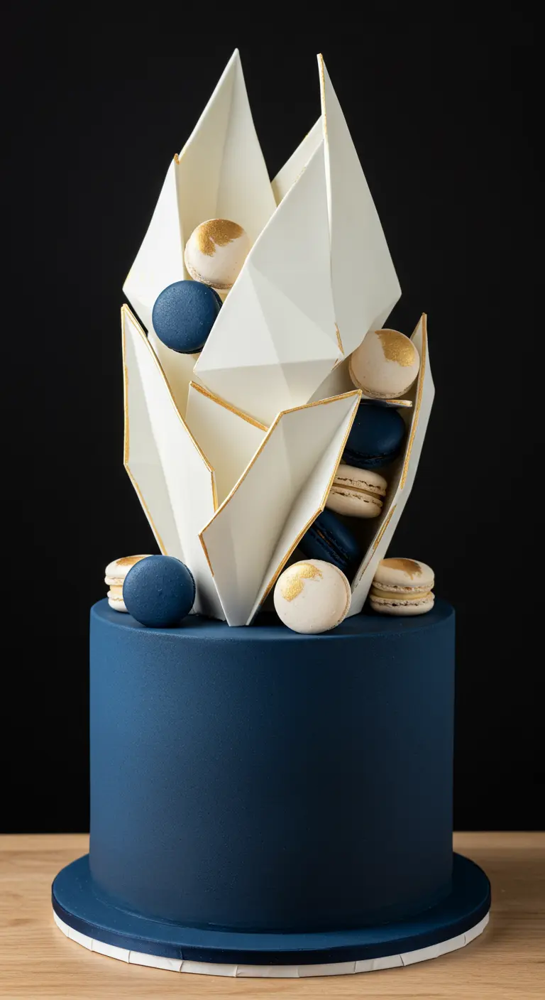 Dunkelblaue Torte mit weißer, gefalteter geometrischer Deko und Macarons.