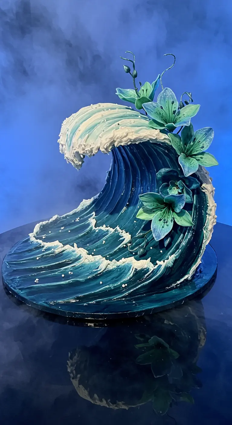 Hochzeitstorte in Form einer großen blauen Welle, verziert mit grünen Zuckerblüten.