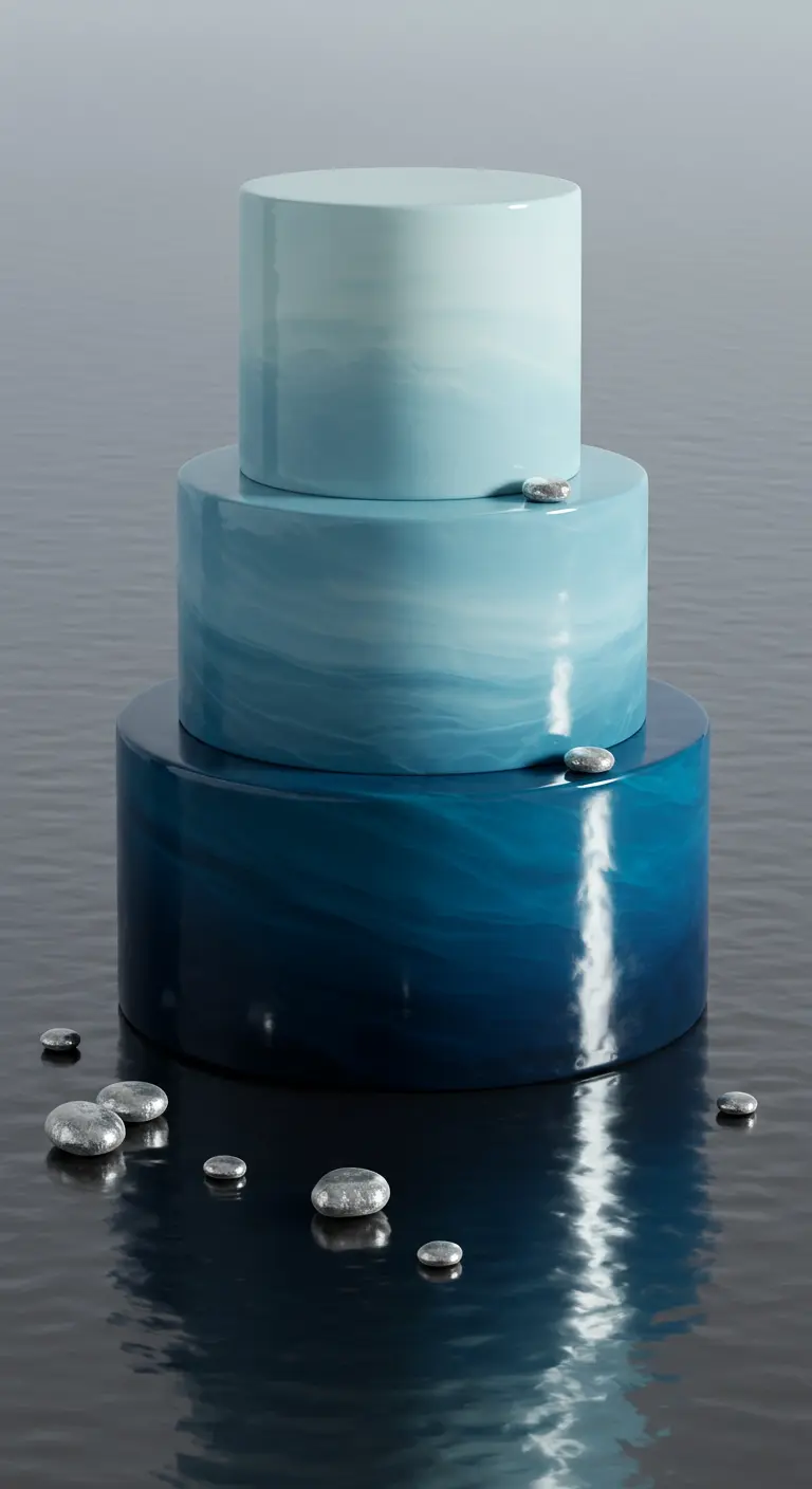 Dreistöckige, zylindrische Torte in Ombré-Blautönen mit glänzender Oberfläche und kleinen silbernen Steinen.