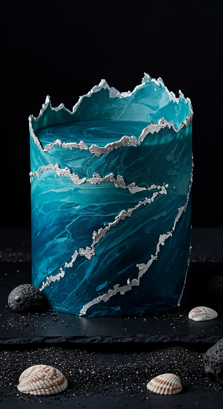 Dunkelblaue Hochzeitstorte mit silbernen Wellenkanten und Muscheln.