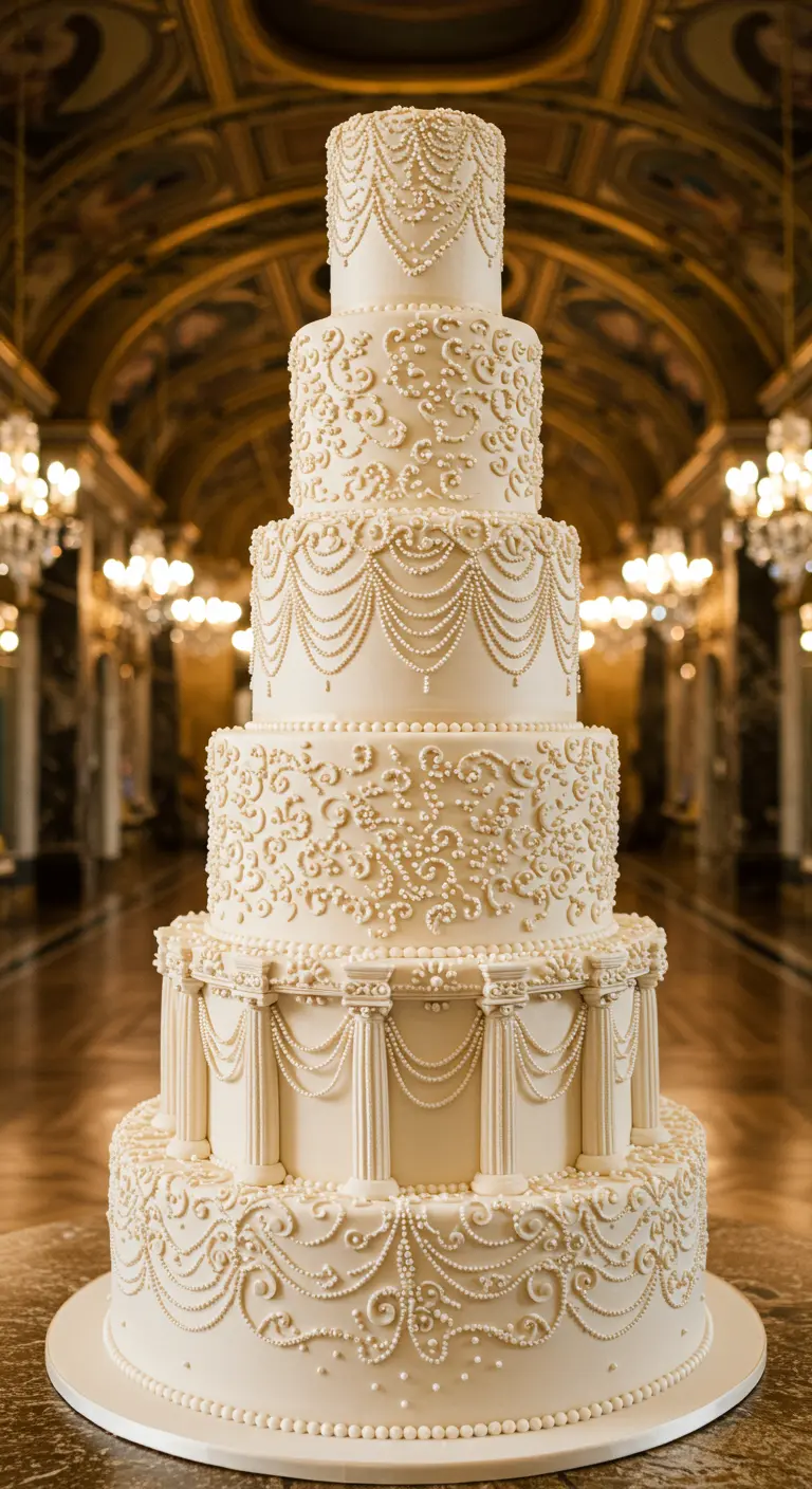 Sehr große, weiße Hochzeitstorte mit aufwendigen Perlen- und Spitzenmustern.