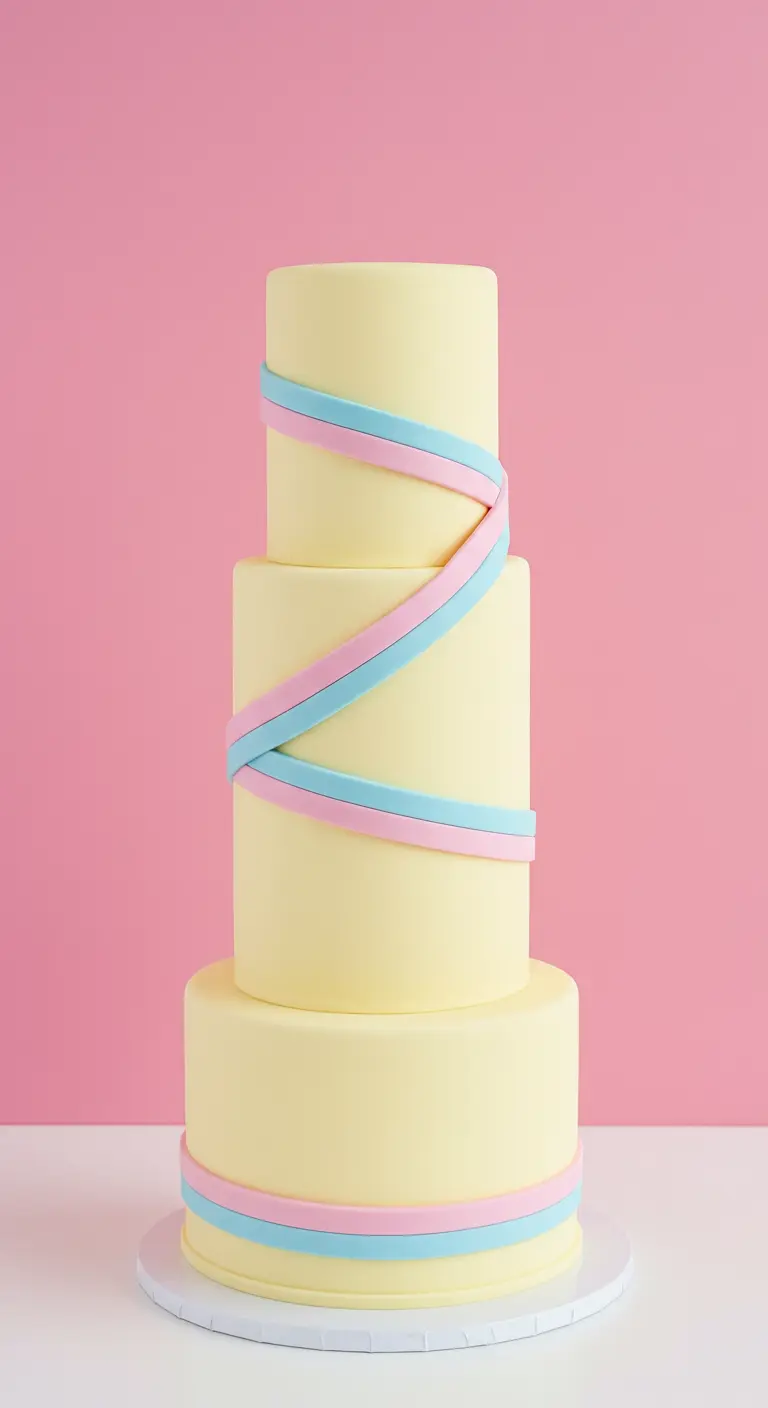 Hohe, hellgelbe Torte, die von rosa und blauen Fondant-Bändern umwickelt ist.