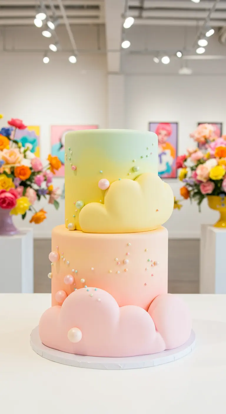 Zweistöckige Pastelltorte in Gelb und Rosa mit Wolkenapplikationen und bunten Streuseln.