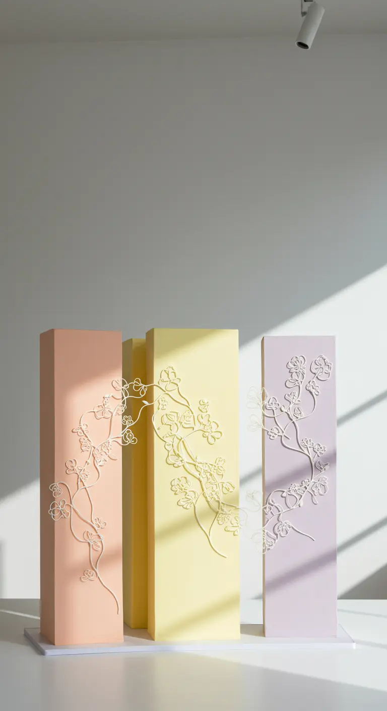 Drei hohe, rechteckige Torten in Pastellrosa, -gelb und -lila mit weißen Blütenreliefs.