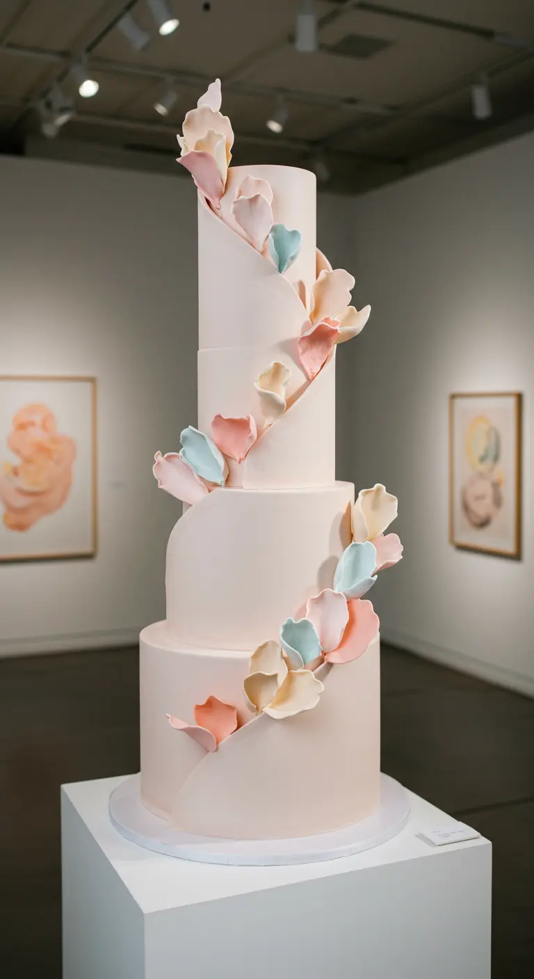 Hohe, hellrosa Hochzeitstorte mit einer Spirale aus pastellfarbenen Wafer-Paper-Elementen.