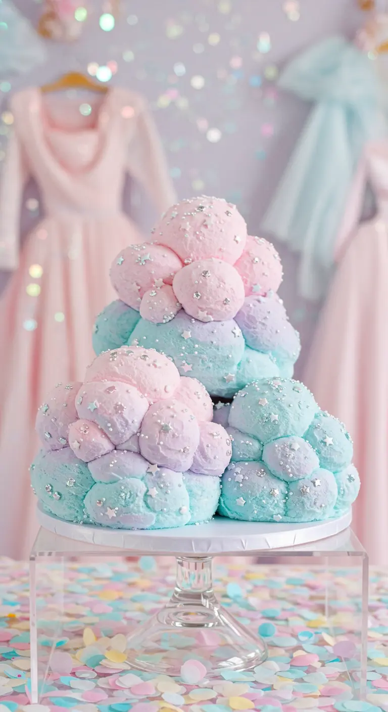 Mehrstöckige Torte aus pastellfarbenen Kugeln in Rosa, Hellblau und Lila mit Sternchen.
