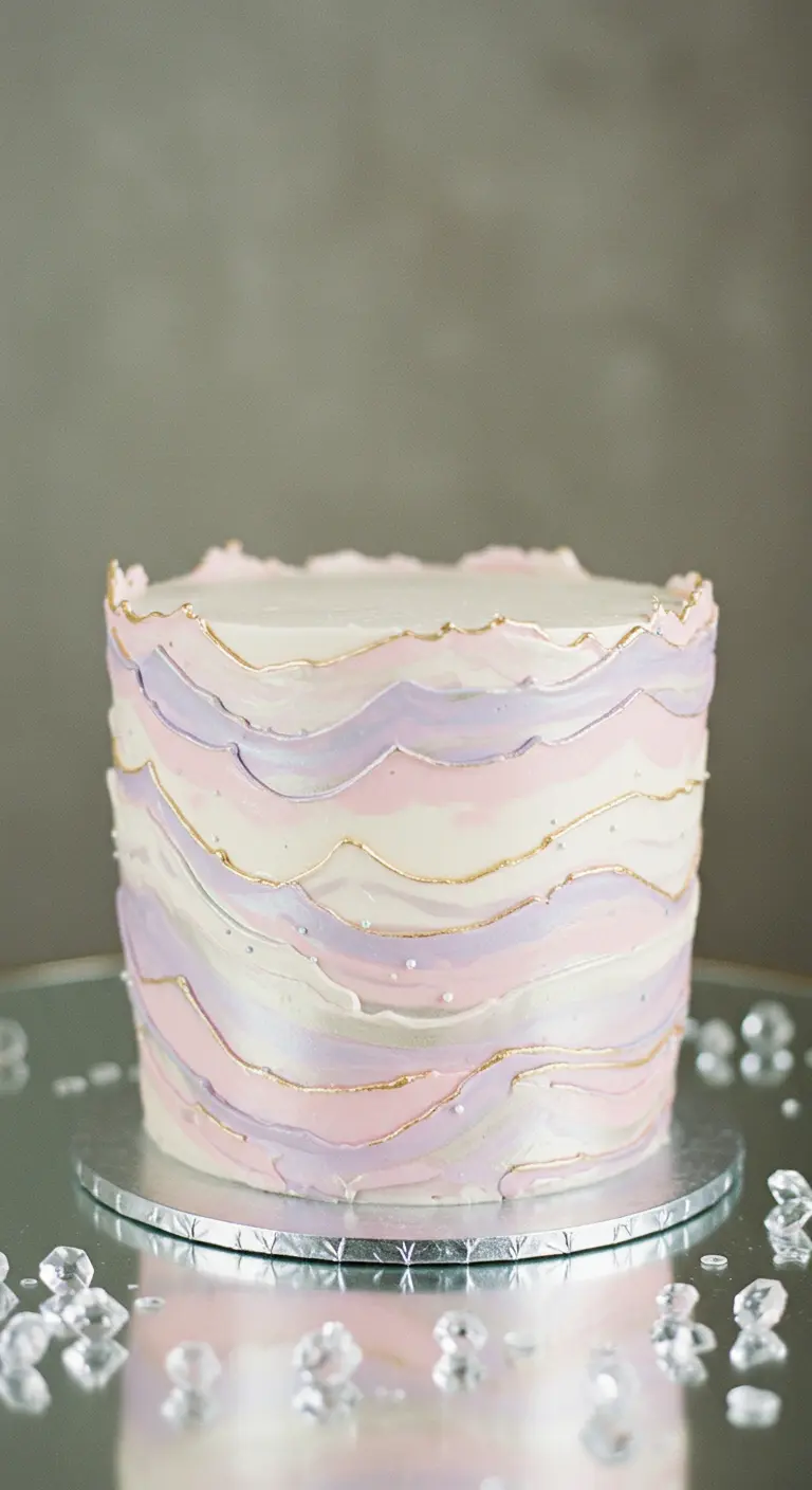 Pastellfarbene Torte (Rosa, Lila, Weiß) mit sanften Wellen und dünnen Goldlinien.