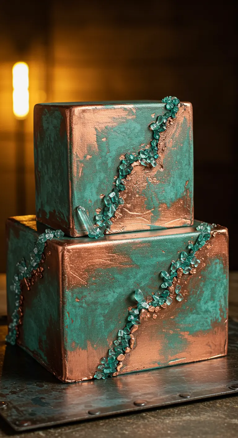 Zweistöckige, quadratische Torte mit Kupfer-Türkis-Patina-Effekt und türkisen Kristalllinien.
