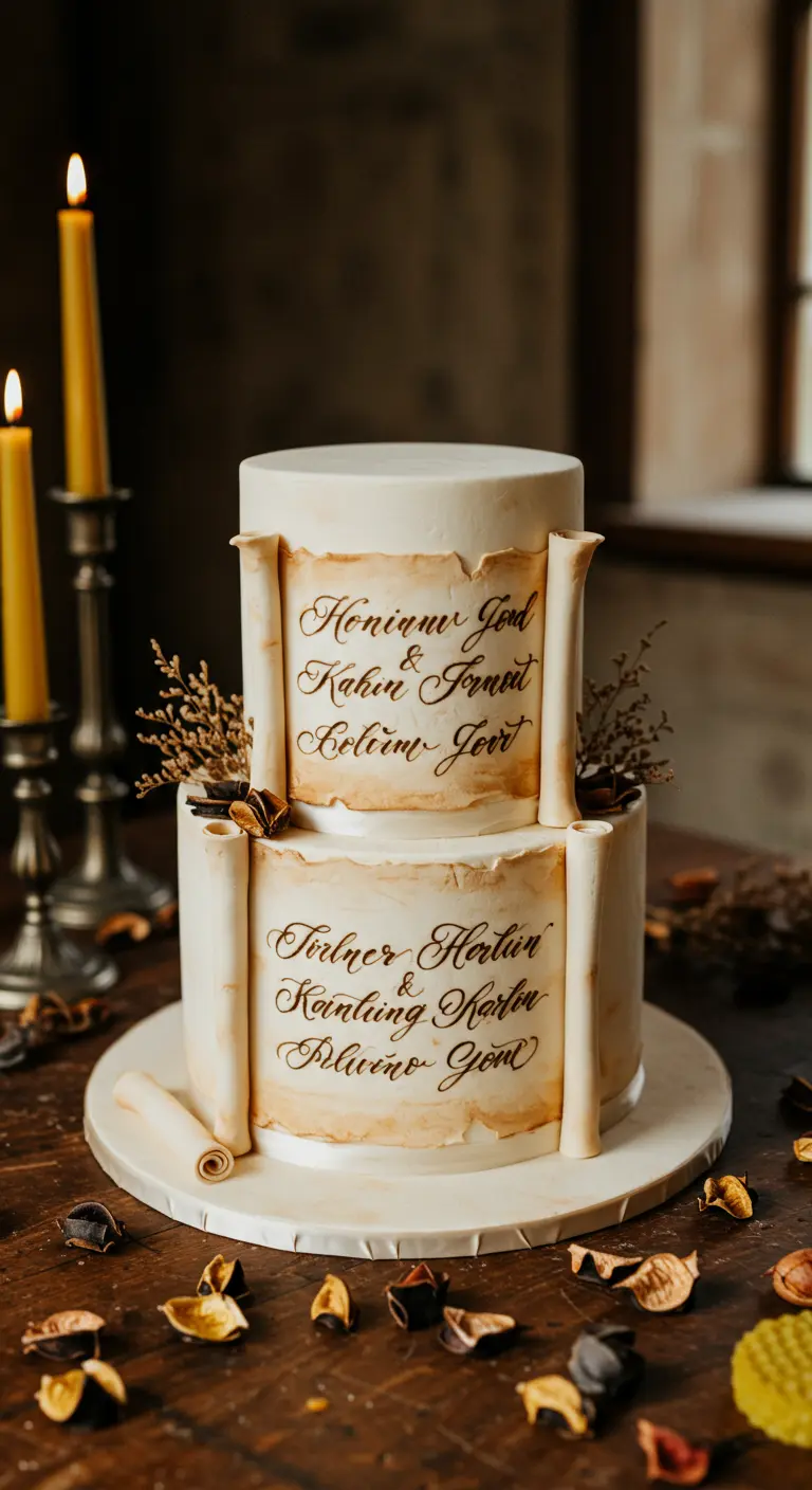 Hochzeitstorte mit essbaren Pergamentrollen und Kalligrafie-Namen.