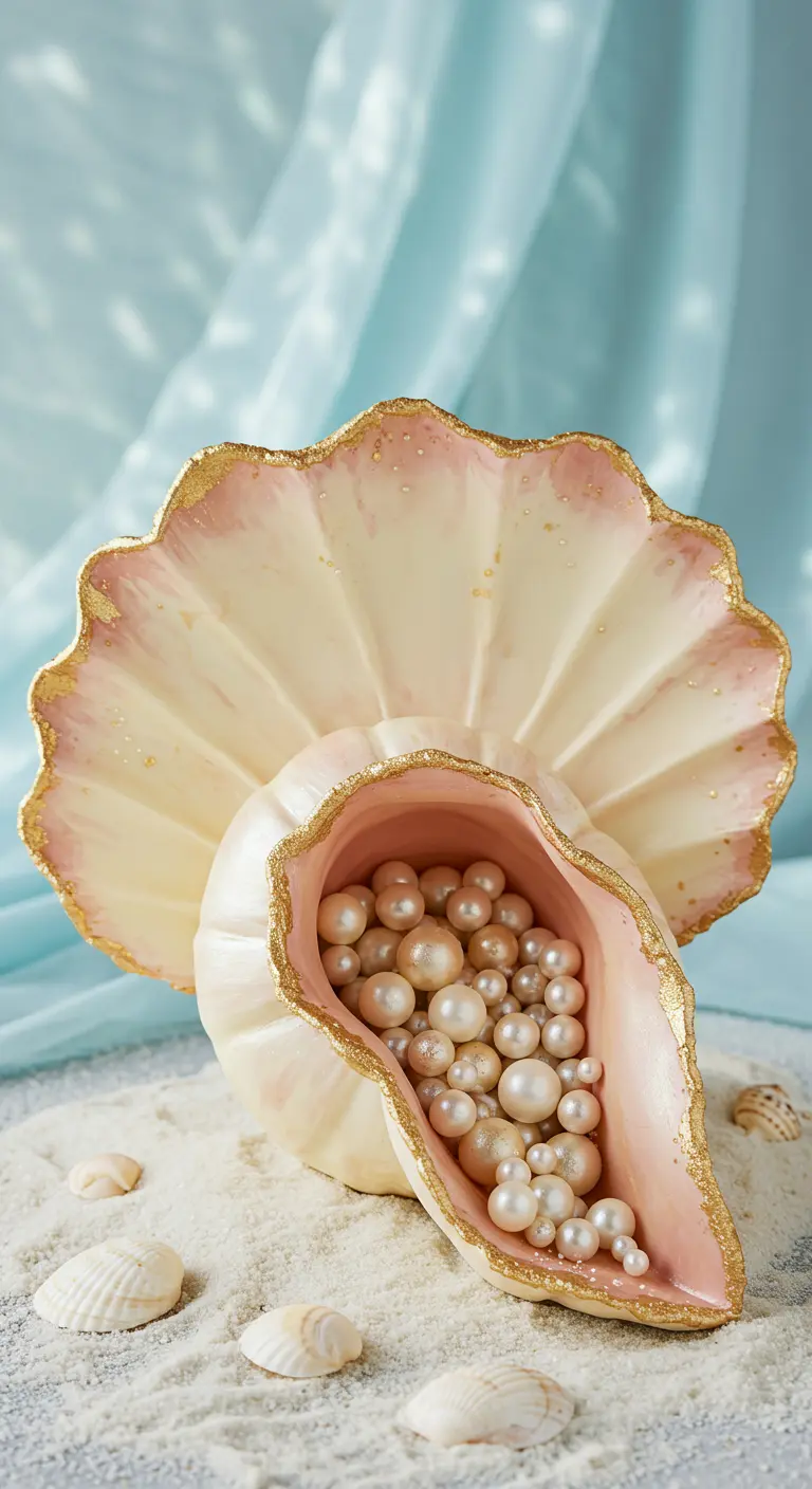 Große aufklappbare Muscheltorte, gefüllt mit zahlreichen Perlen in verschiedenen Größen.