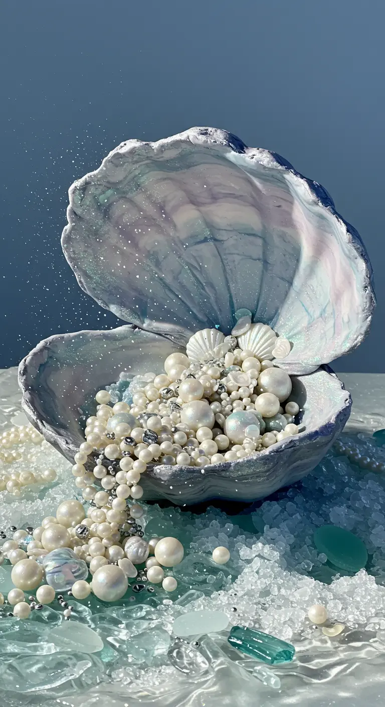 Geöffnete Muscheltorte, gefüllt mit einer Fülle an weißen und irisierenden Zuckerperlen.