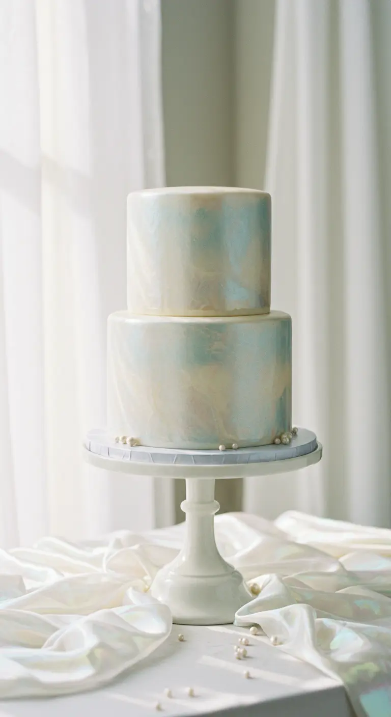 Zweistöckige Torte mit perlmuttartigem, hellblau-weißem Schimmer und Zuckerperlen.