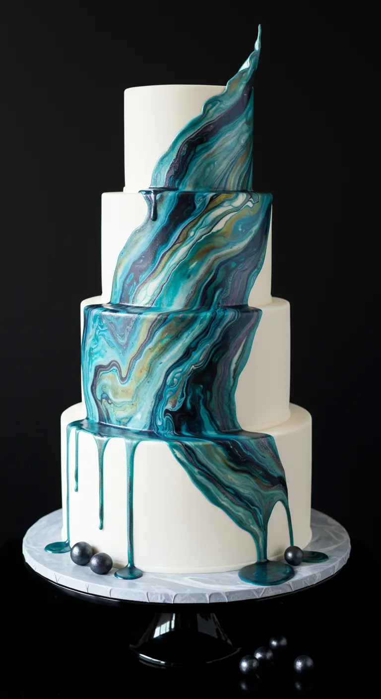 Weiße Hochzeitstorte mit einem Drip-Effekt in Petrol-, Türkis- und Schwarztönen, der an Marmor erinnert.