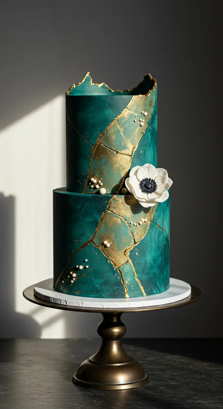Zweistöckige petrolfarbene Marmortorte mit Goldrissen, Perlen und weißer Anemone.