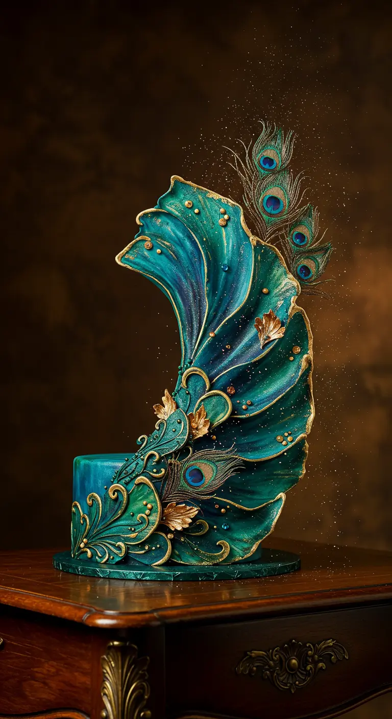 Petrolfarbene Torte mit einer großen, fächerartigen Pfauenfeder-Dekoration in Türkis, Blau und Gold.
