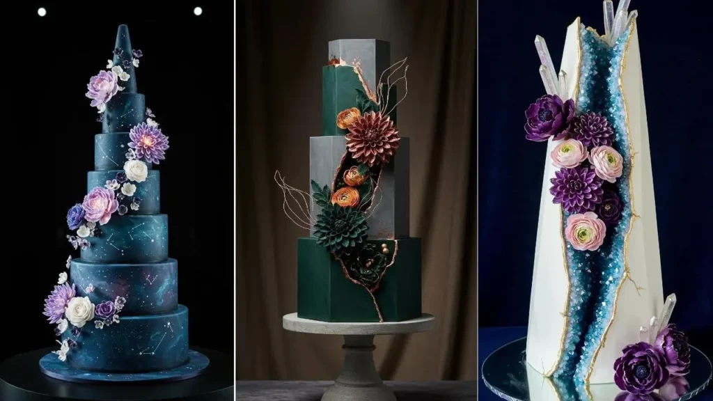 Verschiedene opulente Blumentorten-Designs für Hochzeiten mit Pfingstrosen, Ranunkeln und Dahlien.